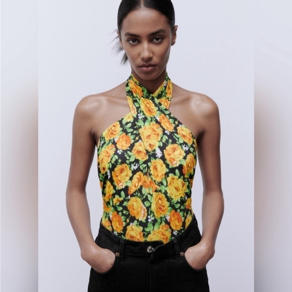 NWT Zara Women's Criss Cross Halter Bodysuit Yellow Floral Black Size Small